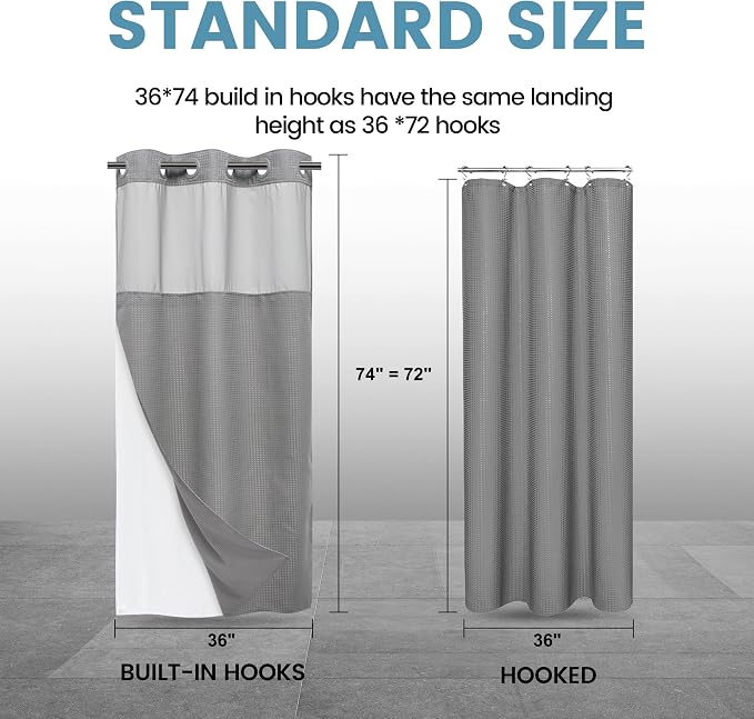 EUTXL Heavyweight Stall No Hook Shower Curtain with Snap in Liner,256GSM Waffle Weave Shower Curtains for Bathroom,36W x 74H,Grey