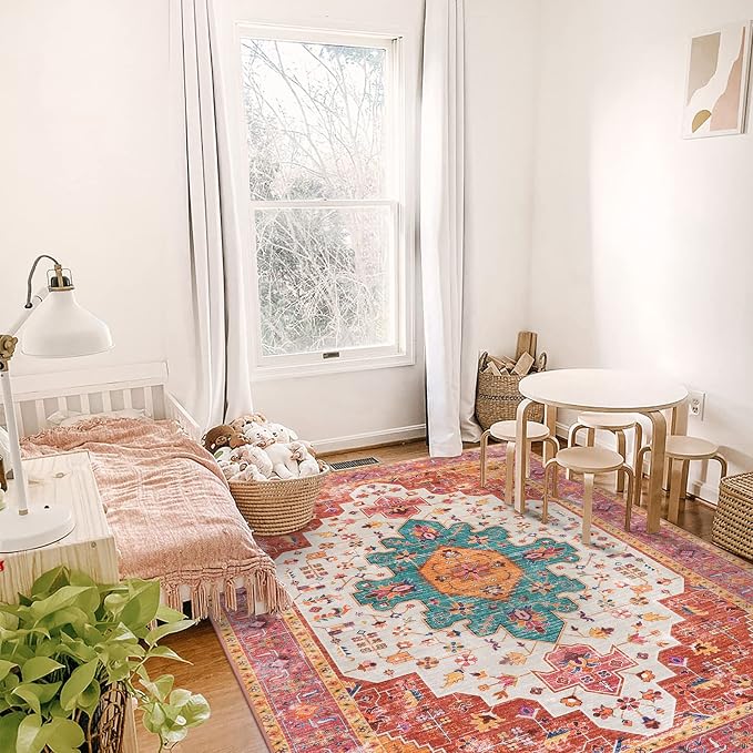 Moynesa Ultra-Thin Washable Vintage Area Rug - 5x7 Large Bedroom Boho Non-Slip Non-Shedding Living Room Mat Oriental Medallion Floor Carpet for Kids Nursery Room Office, Pink/Teal/Multi