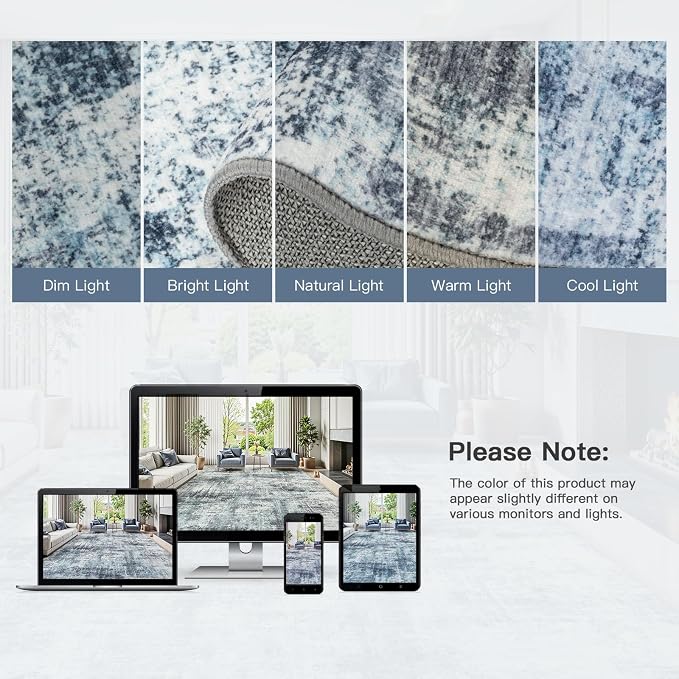 Lofus 9x12 Area Rug for Living Room, Blue Abstract Large Rugs with Non-Slip Backing, Neutral Modern Washable Carpet for Bedroom Dining Room Home Office Nursery Indoor