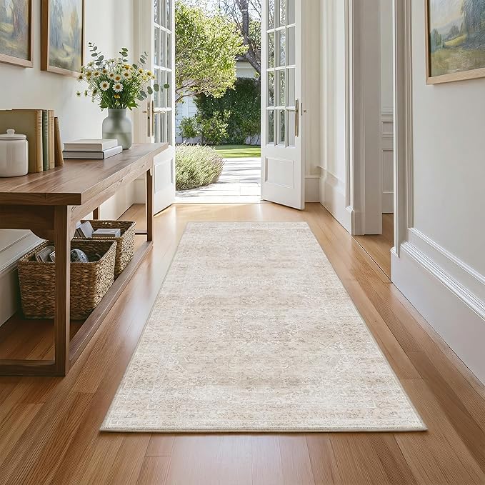 FMFUNCTEX 2x5 Runner Rug Beige Washable Vintage Neutral Distressed Oriental Non Slip Low Pile Indoor Carpet Retro Hallway Entryway Rug for Kitchen Laundry Bedroom Bathroom Entry Bedside Living Room