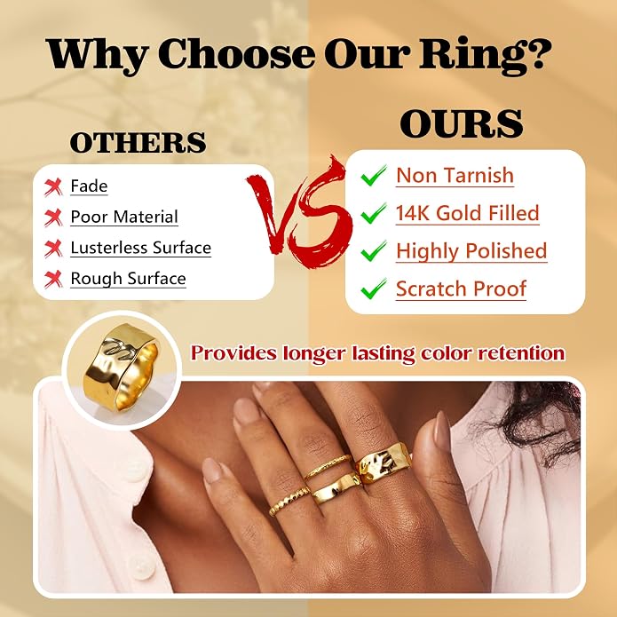 Fansilver Stackable Chunky Gold Rings for Women Non Tarnish Dainty 14K Gold Plated Stacking Thumb Rings Set Trendy Gold Wedding Band Ring Size 5-11