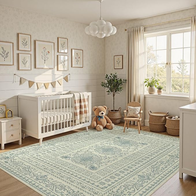 Nakagishi 6x8 Area Rugs Living Room: Washable Large Vintage Rug Neutral Non-Slip Soft Stain Resistant Indoor Carpet for Bedroom Nursery Dining Room Office Playroom - Forest Green