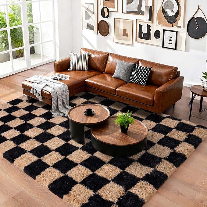 Pionblank 9x12 Area Rug, Large Fluffy Checkered Rugs for Living Room, Shag Rug for Bedroom, Soft Non Slip Shag Carpet for Kids Room Nursery Home Decor, Black and Beige