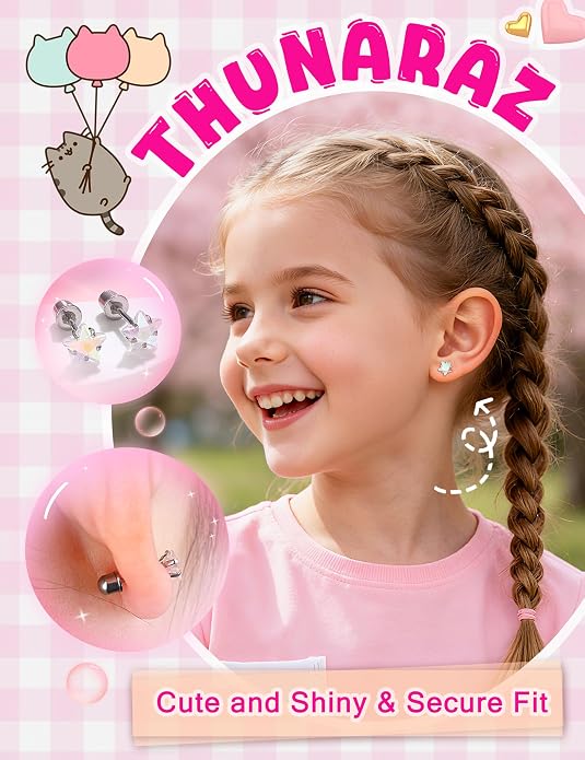 THUNARAZ 16 Pairs Hypoallergenic Earrings for Girls Kids Women Surgical Stainless Steel Earrings for Sensitive Ears Cute Flower Heart Ball Toddler Screw Back Stud Earring Flat Back Earring Set 20G