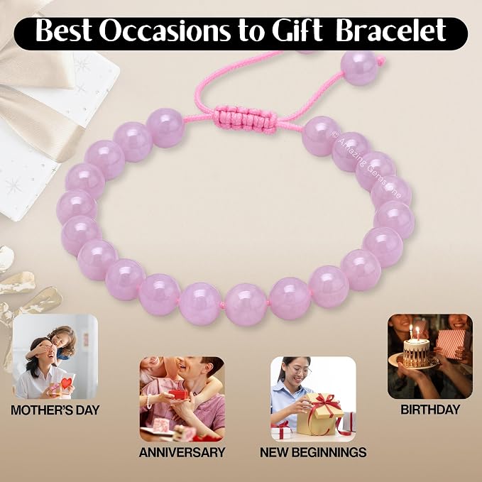 Amazing Gemstone Kunzite Bracelet, Gifts for Men & Women - Protection Healing Crystal Bracelet - 8mm Gemstone Beaded Adjustable Bracelet, Pulseras para Hombres Mujer Stocking Stuffers