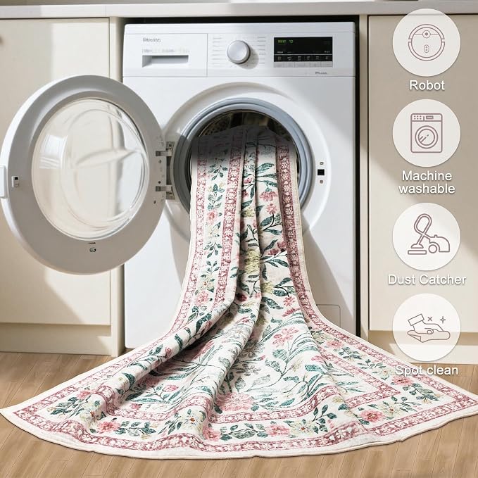 Area Rug Living Room Rugs: Floral 3x5 Washable Rug Vintage Soft Boho Non-Slip Carpet Indoor Floor Stain Resistant Large Carpets for Bedroom Dining Room Farmhouse Nursery Hallway Pink/Green