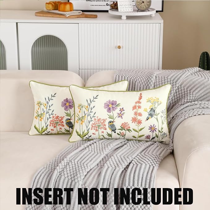 Embroidered Throw Pillow Covers 12 x 20 Pack of 2 Vintage Birds with Flowers Pillow Covers Summer Decor Pillowcase Farmhouse Floral Pillow Cushion Cases Boho Pillowcases Lumbar Pillow Case