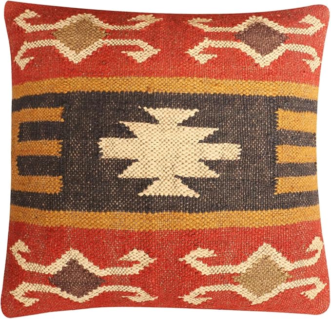 Set of 4 Wool Jute Vintage Kilim Cushion Covers,Home Decor Pillowcases Handwoven Turkish Pillow Decorative Throw Pillow Covers (Multicolor-9), 18x18 inch