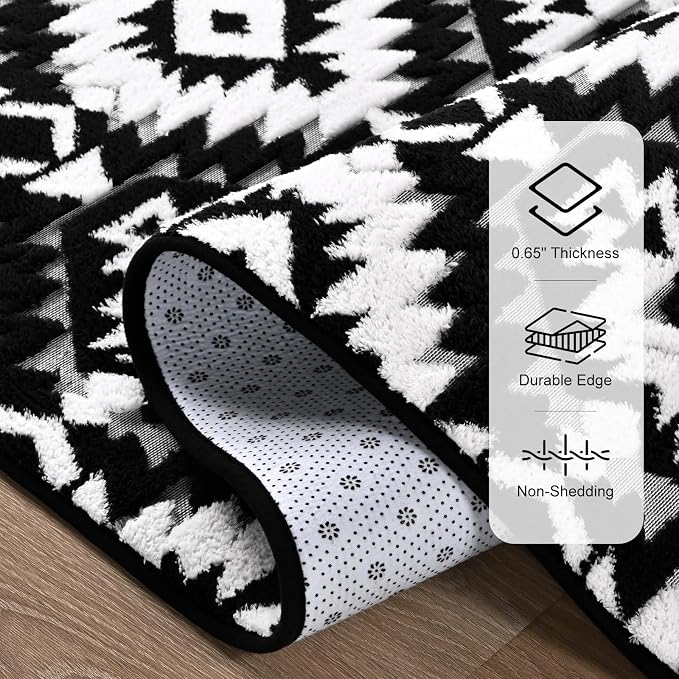 Macgace Soft Area Rug for Girls Bedroom, 3x5 Black and White Shag Rugs | Washable Non-Slip Backing Medium Pile Modren Geometric Fuzzy Carpet for Kids Room, Classroom, Living Room, Dorm