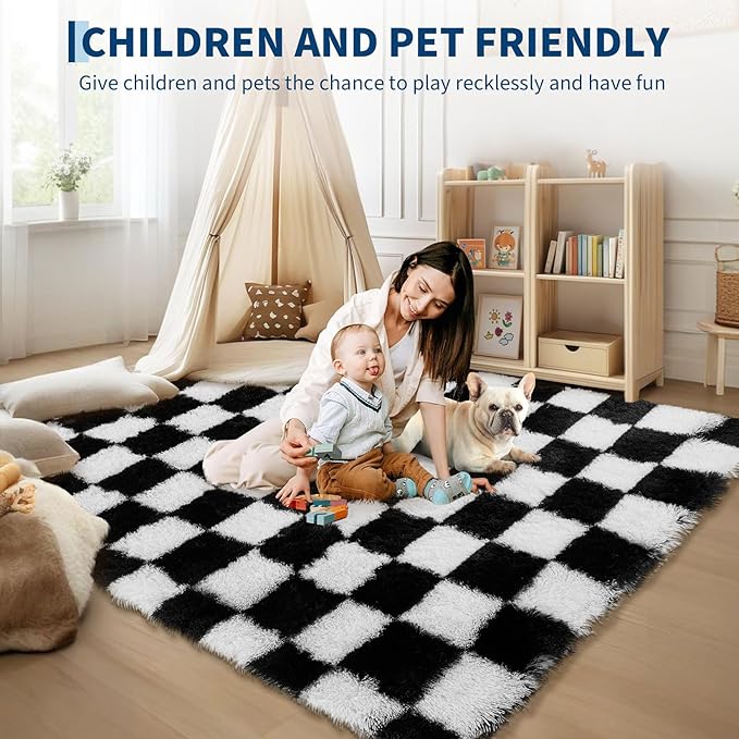Garvee Checkered Fluffy Runner Rugs 2x6 Runner Rug for Hallyway Non-Slip Ultra Soft Checkered Fluffy Rugs for Girls Kids Room Shag Plush Rug for Teen Room Decor Bedroom,Black