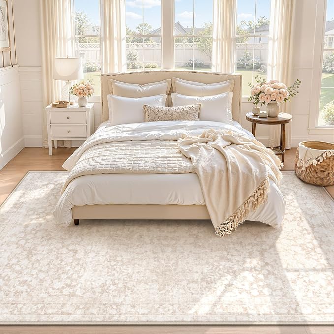 6x9 Area Rugs for Living Room: Boho Vintage Washable Rug Non-Slip Soft Stain Repellent Area Rugs Indoor Low-Pile Carpet for Bedroom Nursery Office Dining Room Playroom Farmhouse (Beige, 6'x9')