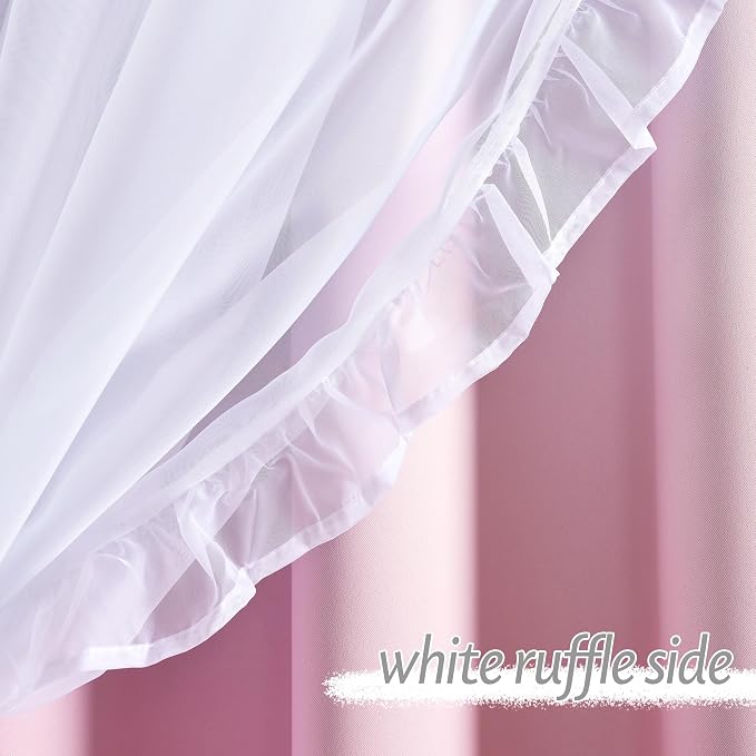 PONY DANCE Ruffle Curtains Double Layers Sheer Overlay Shabby Chic Decoration for Bedroom/Nusery, Gradient Window Covering with Tiebacks, 52" Wide x 84" Long, Ombre-Pink, 2 Panels