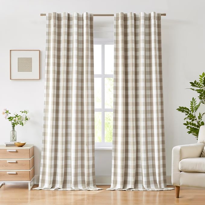 Beige White Buffalo Plaid Blackout Curtains 84 Inch for Bedroom | Thermal Insulated Noise Reducing Drapes,Vintage Farmhouse Living Room Window Treatment,Rod Pocket Back Tabs,40"Wx84"Lx2