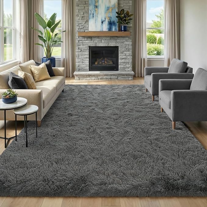 Fluffy Rugs for Living Room: Smoky Gray Shag Rug for Bedroom, Large Fuzzy Plush Indoor Carpet Non Slip Modern Rug for Nursery Kids Room Dorms Office Home Decor, 9x11 Feet