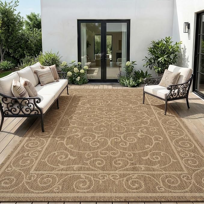 MontVoo-Outdoor Rug-Patio Rug 5x7 ft Polypropylene Indoor Outdoor Rugs Outdoor Carpet for Patio Deck Balcony Porch, Textured Weave, Durable for High Traffic, Fade-Resistant, Vintage Neutral Brown