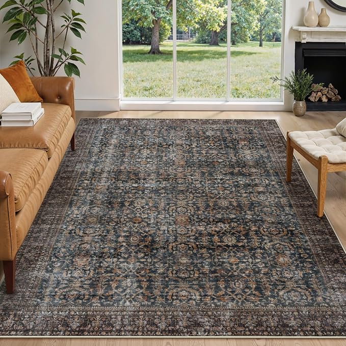Collive Washable Area Rug 6x9, Large Antique Distressed Rugs for Living Room Vintage Soft Rugs for Bedroom, Non Slip Ultra-Thin Dining Room Floor Carpet for Entryway Kitchen Office - Brick
