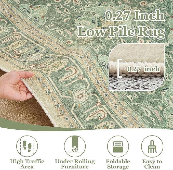 Sage Green Rugs 8x10, Washable Non Slip Area Rug for Living Room Bedroom Dining Room, Boho Floral Moroccan Pattern Printed Carpet Rug Low Pile Thin for Nursery Playroom Kids Room