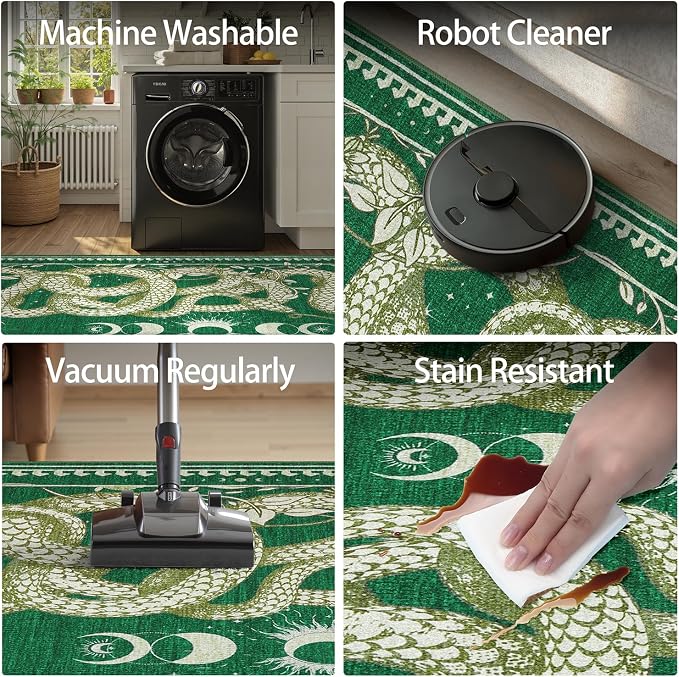 DCX Washable 6x9 Snake Rug, Green Gothic Rug for Living Room, Soft Low Pile Carpet, Kid & Pet Friendly with Rubber Back Non Slip, Stain Resistant Rug for Bedroom Dining Room Office