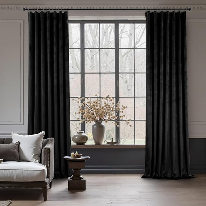 Black Out Velvet Curtains 96 Inches Long for Bedroom 2 Panels Mid Century Modern Soft Heavy Soundproof Noise Reduction Thermal Insulating Drapes Gothic Curtains for Living Room Ceiling to Floor Length