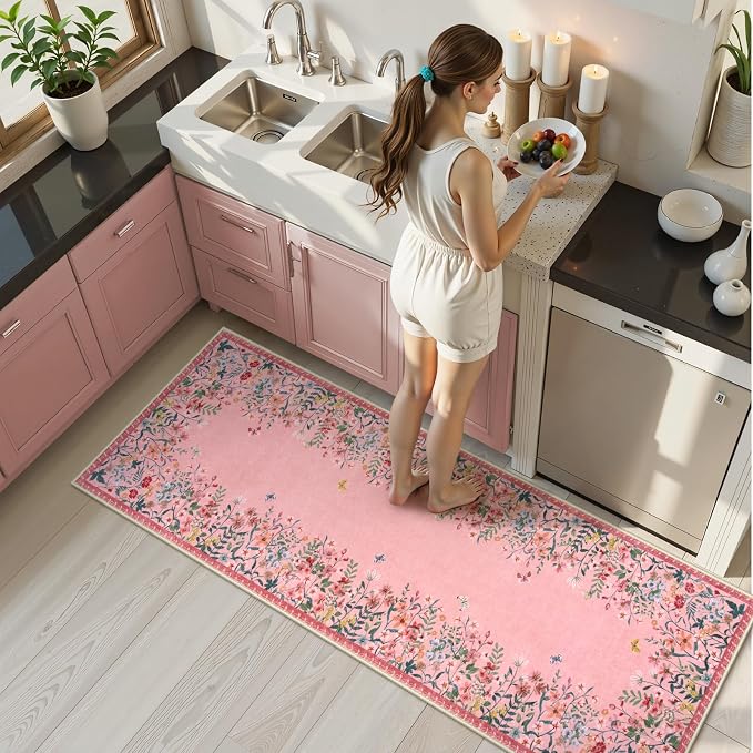 Wonnitar 2x6 Washable Runner Rug, Pink Floral Hallway Runner, Boho Kitchen Runner Rug, Non Slip Soft Bathroom Rug, Low Pile Bedroom Bedside Laundry Decor (2x6 Pink)