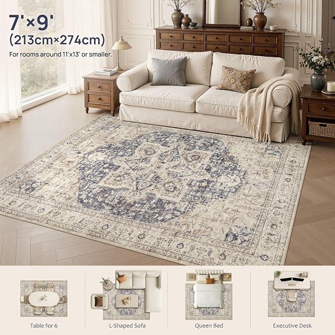 Tortania Area Rug Living Room Rugs - 7x9 Washable Boho Rug Vintage Oriental Distressed Farmhouse Large Thin Indoor Carpet for Living Room Bedroom Under Dining Table Home Office - Cream Blue