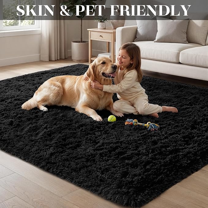 Area Rug for Living Room Bedroom: 6x9 Soft Fluffy Shag Rugs Upgrade Non-Slip High Pile Carpet Large Fuzzy Plush Indoor Floor Shaggy Carpets for Nursery Kid Playroom Office Dorms Home Decor Black