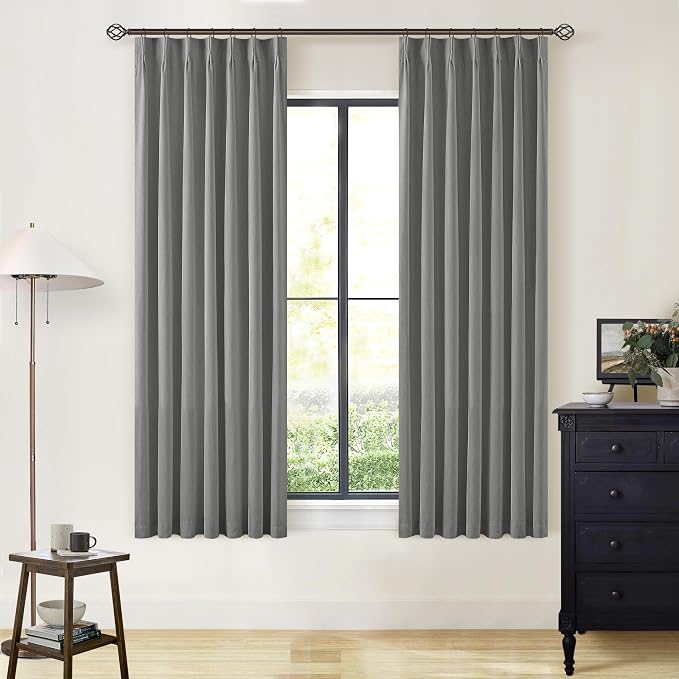 Grey 63 Inch Blackout Pleated Linen Curtains with Liner 2 Panels W40xL63 | Memory Trained, 100% Black Out, Thermal Insulated, UV Blocking, Noise Reducing Curtains for Small Window Bedroom 2 Panels