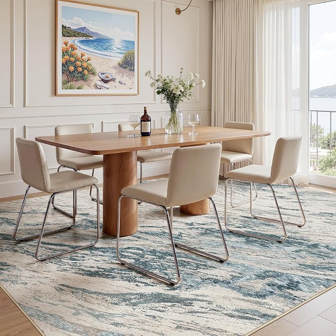 Area Rugs for Living Room: 5X7 Abstract Washable Rug Modern Neutral Large Soft Stain Resistant Non-Slip for Bedroom Dining Room Indoor Home Office Carpet - Blue Brown