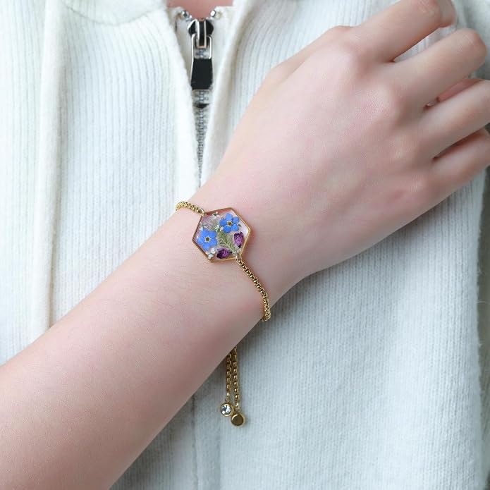 AUNTESIGN Forget-Me-Not Pressed Wildflower Bracelet | Pressed Flower Bracelet | Gold/Silver Pressed Flower Jewelry | Personalized Handmade Jewelry | Gift For Women