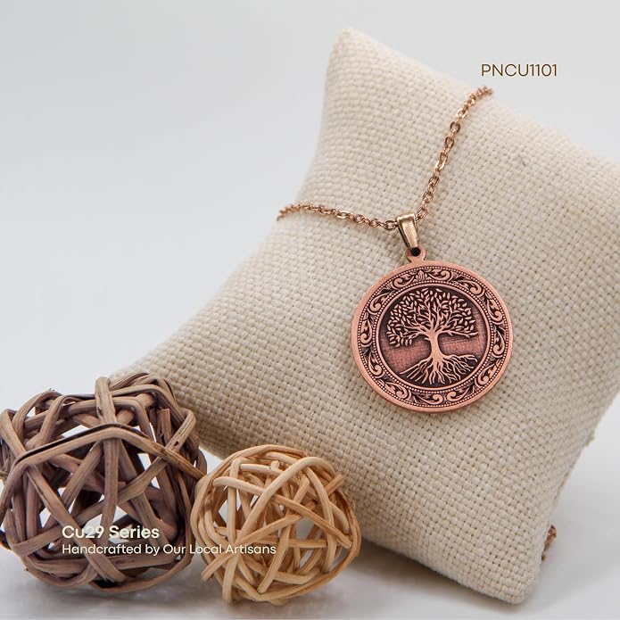 Tree of Life Pure Copper Pendant Necklace, Engraved Round Medallion (1.2”), 20.5” Stainless Steel Chain, Gift-Boxed | Aspendos