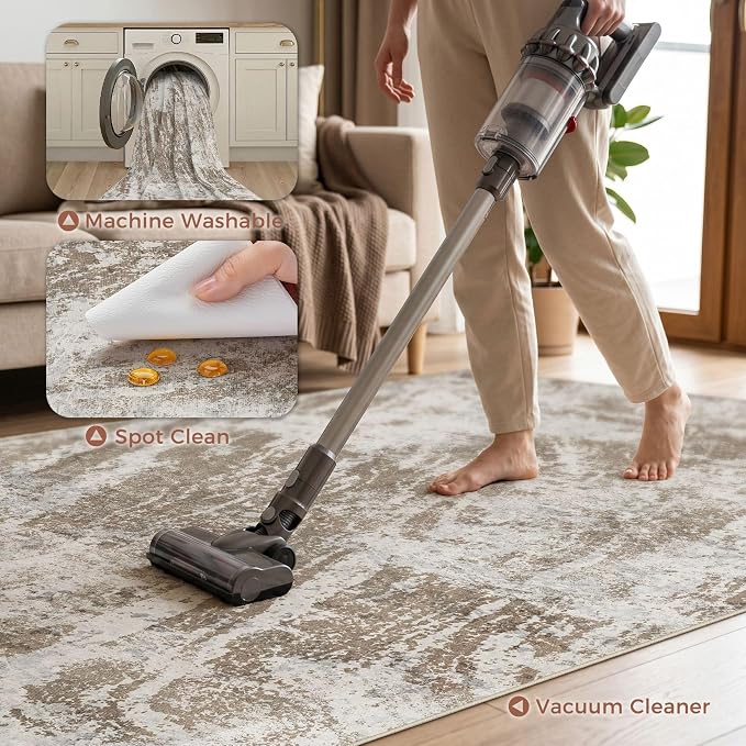 DMOYEST 8x11 Washable Area Rug: Abstract Modern Non-Slip Carpet, Soft Low Pile Indoor Neutral Easy Clean Floor Rugs for Living Room Bedroom Dining Room Kids & Pets - Brown