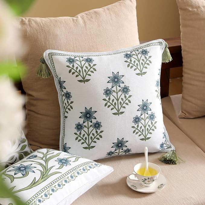 ISAENNE Designer Linen Throw Pillow Cover,Set of 2,18"x18"-Mosella B | Vintage Elegant Square Decor Pillow Cover,Concealed Zipper Design,Floral Pattern,Sofa,Bedroom,Living Room,Lounge Chairs