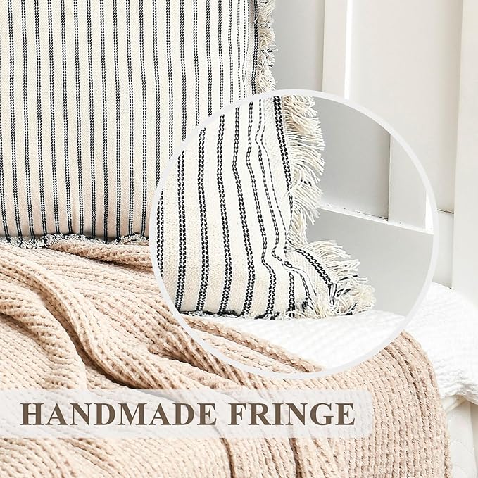 ZWJD Throw Pillow Covers 26x26 Set of 2 Striped Pillow Covers with Fringe Chic Cotton Decorative Pillows Square Cushion Covers for Sofa Couch Bed Living Room Farmhouse Decor, (Navy)