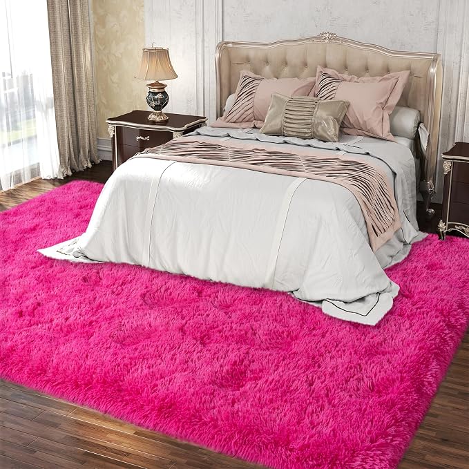 Dssimo Hot Pink Rugs for Living Room Bedroom, 9x12 Shaggy Area Rug | Large Plush Furry Upgrade Non-Slip Pink Area Rug for Nursery Kids Room Dorm Room Home Decor, Modern Indoor Floor Carpet