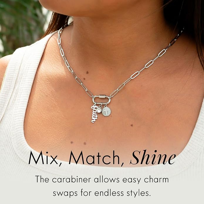 Destin Jewelry 18K Gold PVD Faith Charm Necklace for Women, Chunky Paperclip Chain with Carabiner Charm Keeper and Message, Stainless Steel Necklace 18"+2"
