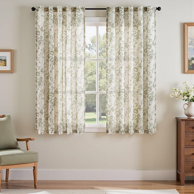 jinchan Green Floral Linen Curtains 63 Inch Vintage Back Tab 2 Panels | Light filtering drapes, semi sheer, farmhouse, cottagecore, rustic, living room, bedroom, rod pocket, window treatment