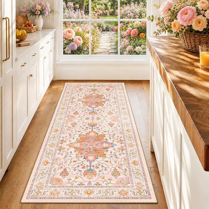 RELEANY Area Rugs Runner 2'x6' Washable Non-Slip, Floral Vintage Distress Medallion Carpet for Kitchen Hallway Bedroom Beside Laundry Room Bathroom, Light Pink Colorful