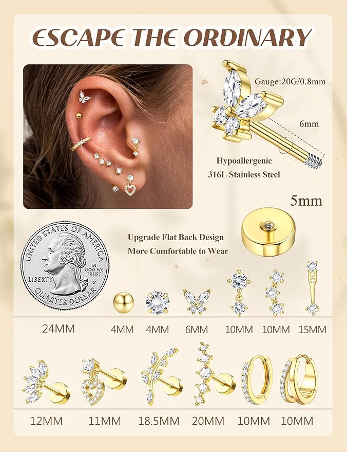 BESTEEL Hypoallergenic Flat Back Earrings for Women - 14K Gold Plated Surgical Stainless Steel Earring Stacks Set Small Stud & Hoop for Cartilage Helix Tragus Piercing Jewelry 20G