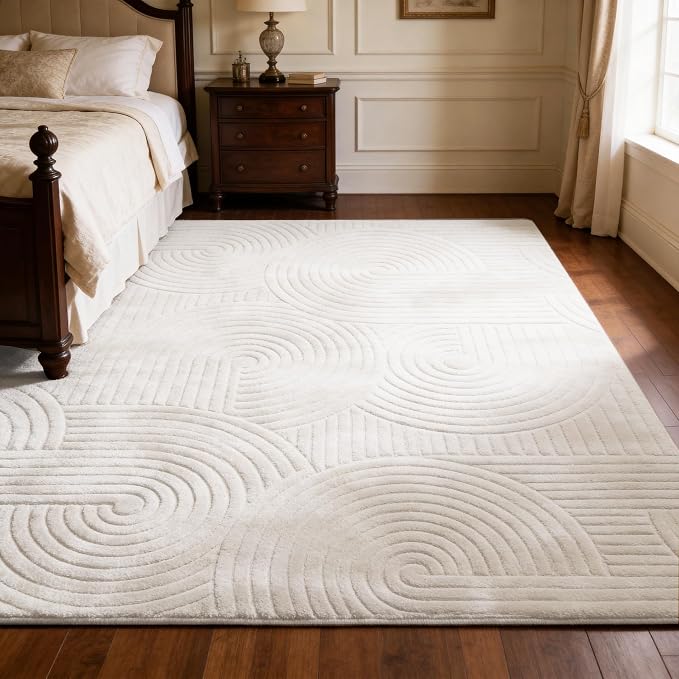 5x7 Cream Beige Area Rug - Washable Fluffy High-Low Pile Rugs for Living Room Bedroom, Modern Geometric Pattern, Non-Slip Textured Indoor Rugs for Nursery, Kids Room, Home Office
