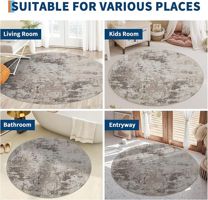 ROYHOME Modern Abstract 4x4 Round Area Rug Non Slip Non Shedding Rug Low Pile Stain Resistant for Bedroom Living Room Office Dining Room,Brown Grey