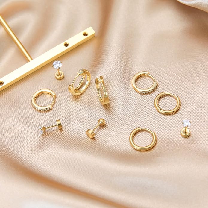 Stainless Steel Stud Earrings Set for Women Hypoallergenic Flat Back Cartilage Earrings Screw Back Huggie Hoop Earrings Multiple Piercing Cubic Zirconia Helix Tragus Jewelry
