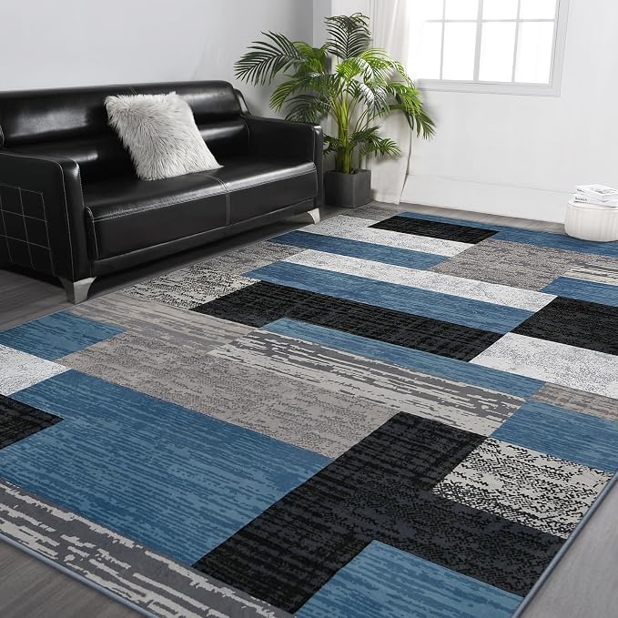 FlyDOIT Modern Geometric Patchwork Area Rug, 9x12 Blue Large Rugs for Living Room, Rockwood Collection Indoor Rugs for Bedroom, Throw Carpet Floor Decor for Entryway Dining Room Office Nursery
