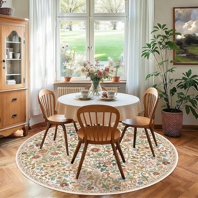 Round Rug 6ft Beige Washable Floral Circle Rug,Vintage Boho Botanical Round Area Rugs, Non-Slip Soft Low-Pile Circular Carpet for Bedroom,Kids Room,College Dorm,Home Decor