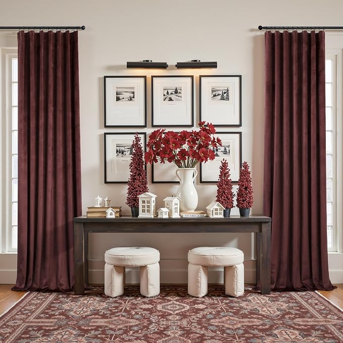 Ruby Wine Velvet Curtains 96 Inches Long for Living Room 2 Panels Light Blocking Energy Efficient Cute Pretty Drape Thick Privacy Nursery Girls Curtain for Bedroom Dining Mauve Plum Colored 96 Length