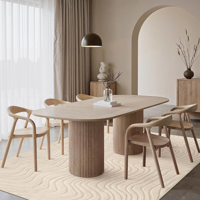 GENIMO Soft Washable Area Rugs 5x7, 3D Modern Wave Textured Rugs for Living Room, High-Low Pile Non Slip Fuzzy Carpet, Non-Shedding Stain Resistant Thin Beige Rugs for Bedroom, Dining Room, Nursery