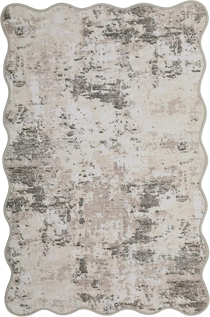 ROYHOME Modern Abstract 2x3 Scalloped Area Rug Non Slip Non Shedding Low Pile Stain Resistant Rug for Entryway Kitchen Bedroom,Brown Grey