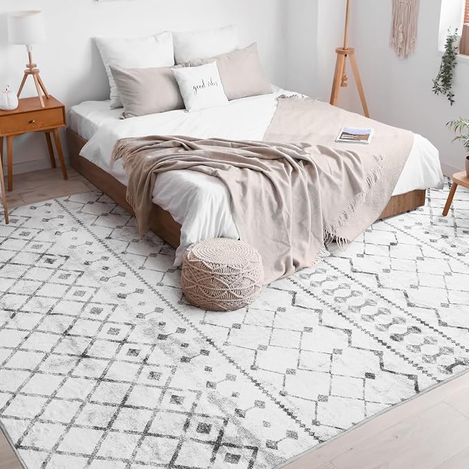 Lessymo 8 x 10 Area Rugs for Living Room, Machine Washable Rugs Neutral Faux Wool Modern Geometric Moroccan Distressed Rug with Non-Slip Rubber, Geometric Grey