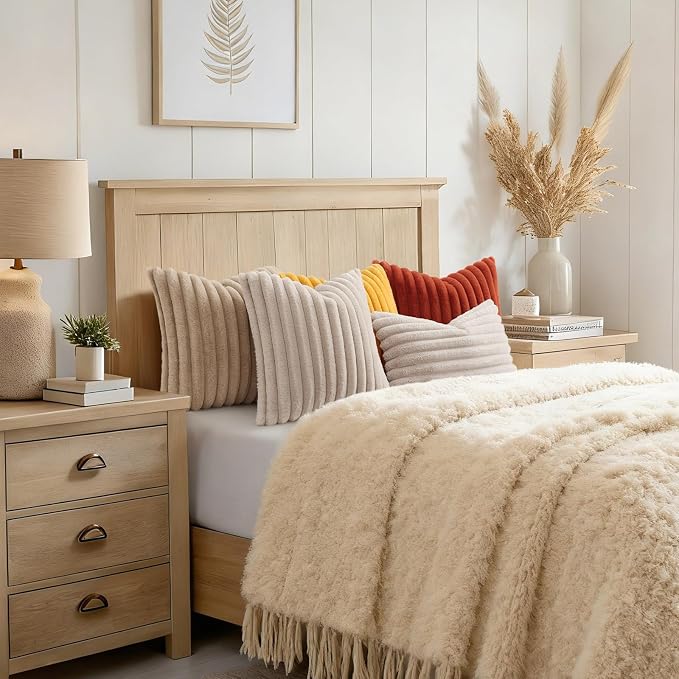 decorUhome Fall Faux Fur Throw Pillow Covers 26x26 Set of 2 Khaki Brown | Decorative Soft Cozy Striped Plush Modern Farmhouse Boho Couch Pillow Cases Velvet Back for Sofa Bed Living Room Home Decor