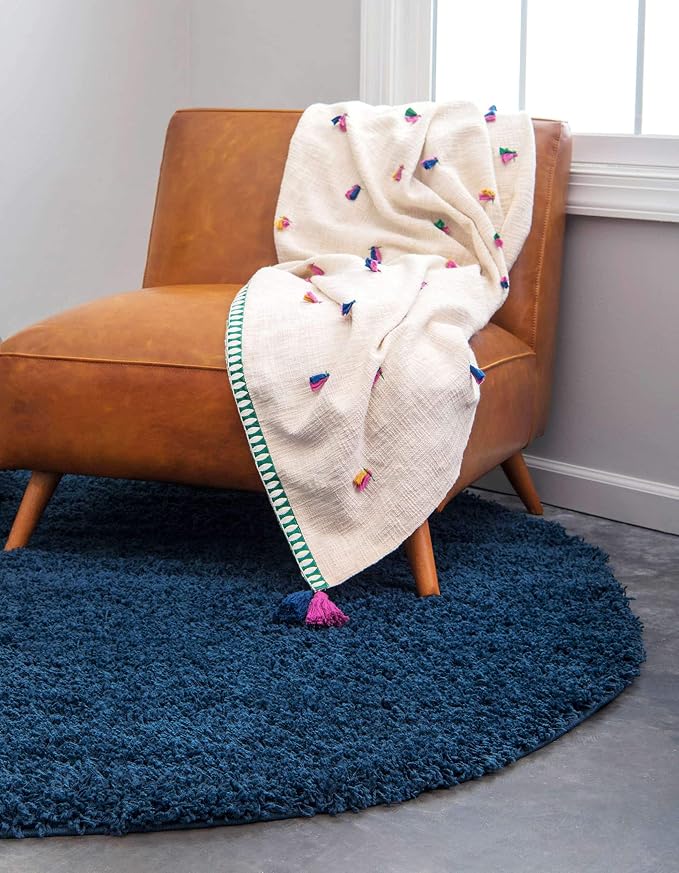 Unique Loom Solid Shag Collection Area Rug (8' Round Sapphire Blue/Navy Blue)