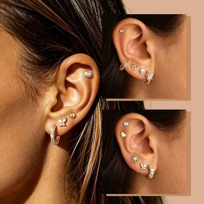 Hypoallergenic 14K Gold Stud Earrings Set for Women Surgical Stainless Steel Flat back Earrings Small Gold Huggie Hoop Earring for Sensitive Ears Screw Back Cartilage Piercing Jewelry